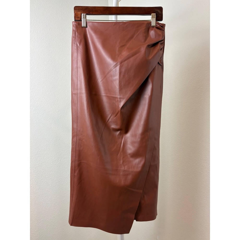 Jason Wu Cognac Brown Faux Leather Draped Midi Skirt Size Medium